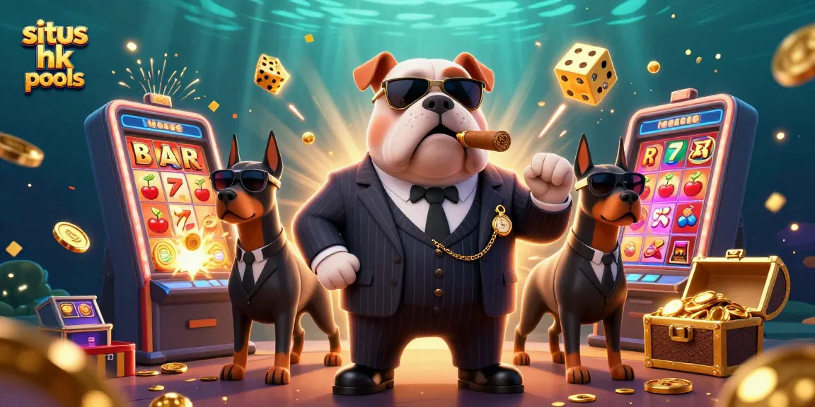 Menangkan hadiah di situs hk pools dengan ilustrasi karakter mafia bulldog dan Doberman di dunia kasino digital.