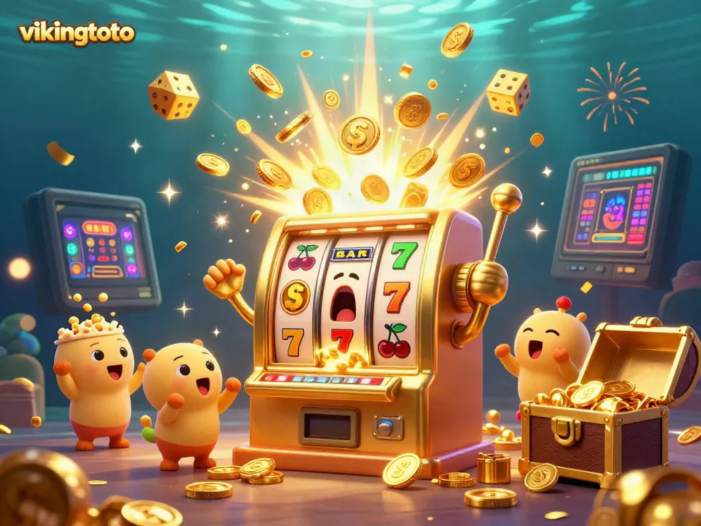 Win big with vikingtoto as the cheerful golden slot machine celebrates a jackpot in this vibrant 3D casino illustration.