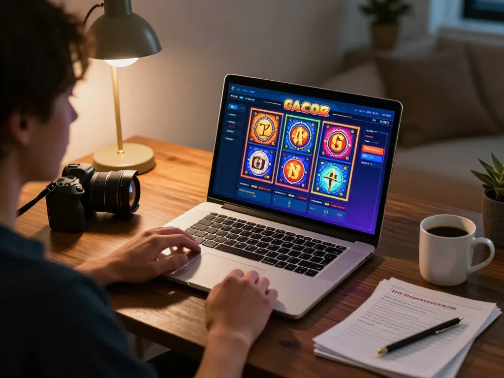 Player engaging with slot gacor game on laptop, showcasing strategic online gambling in a cozy home setting