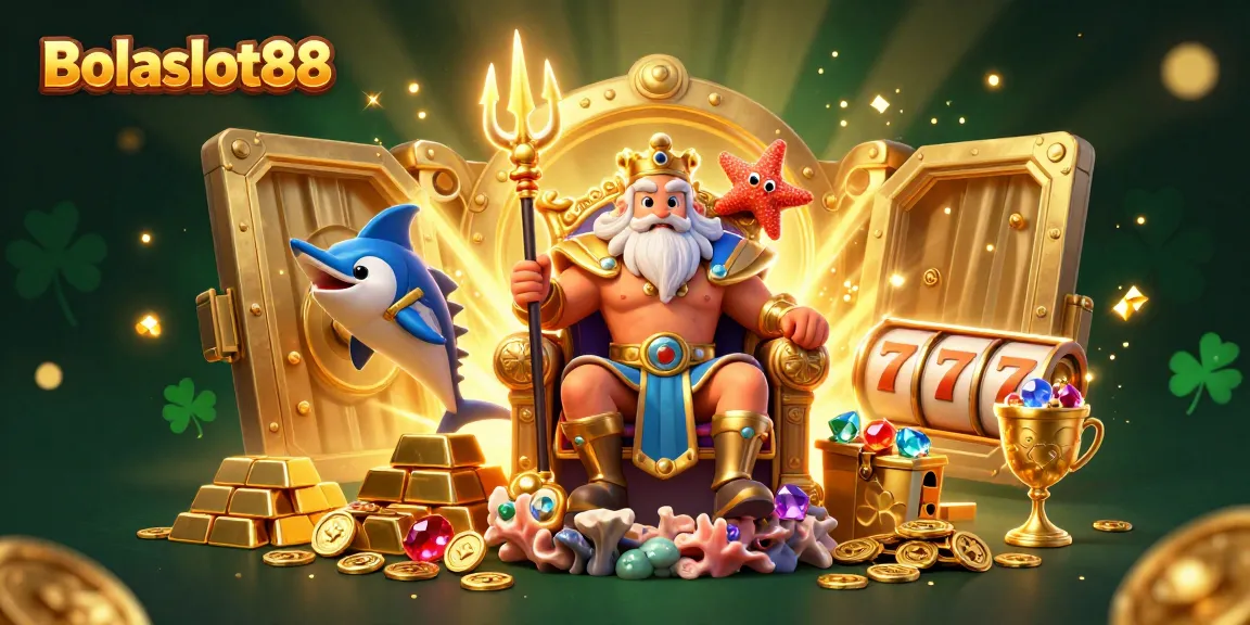 Bolaslot88 offers a vibrant 3D illustration of Neptune with gold treasures and spinning slot reels.