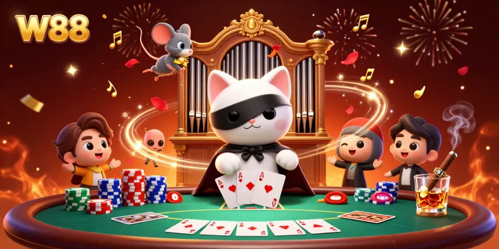 Engage with W88's exciting poker scene featuring a festive atmosphere and dynamic characters.