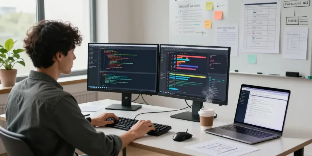Engineer coding jebol wd in a vibrant tech workspace with dual monitors and notes.