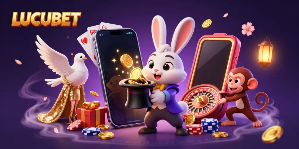 LUCUBET's vibrant illustration features a magician rabbit conjuring coins, inviting gamblers to join the excitement.