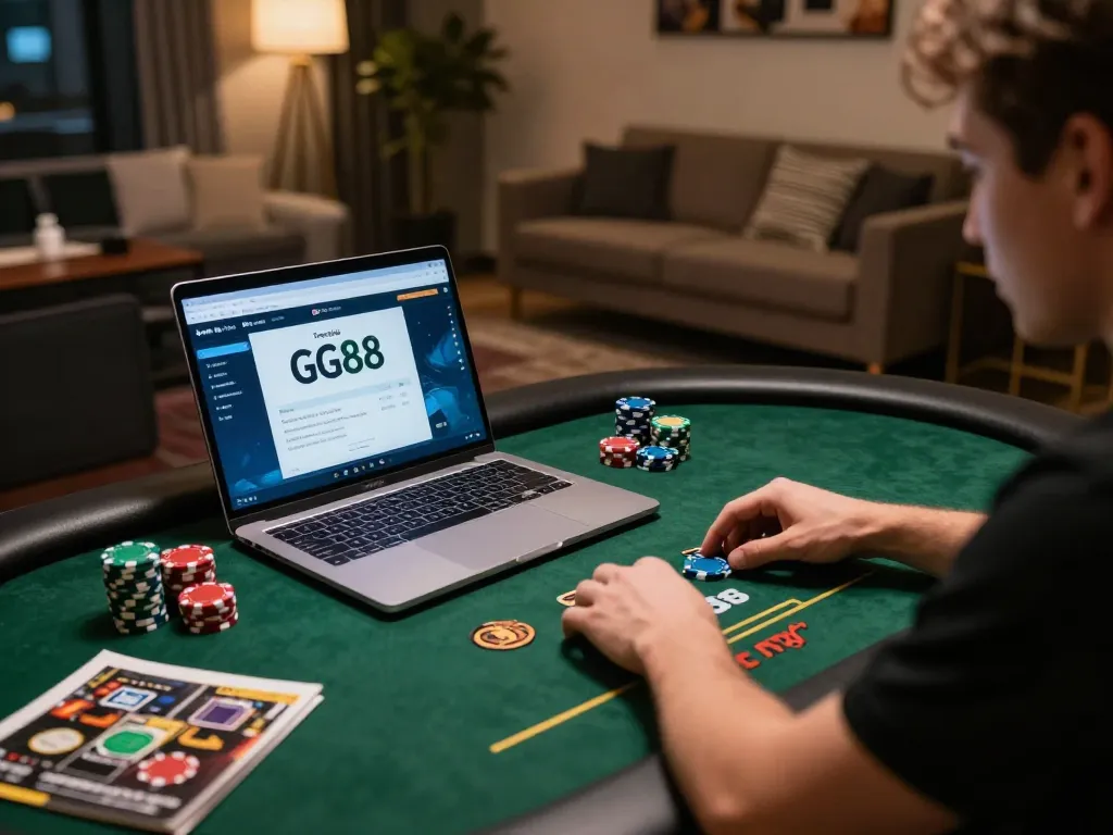 The player enjoying gaming on the Trang chủ GG88 platform in a modern home office