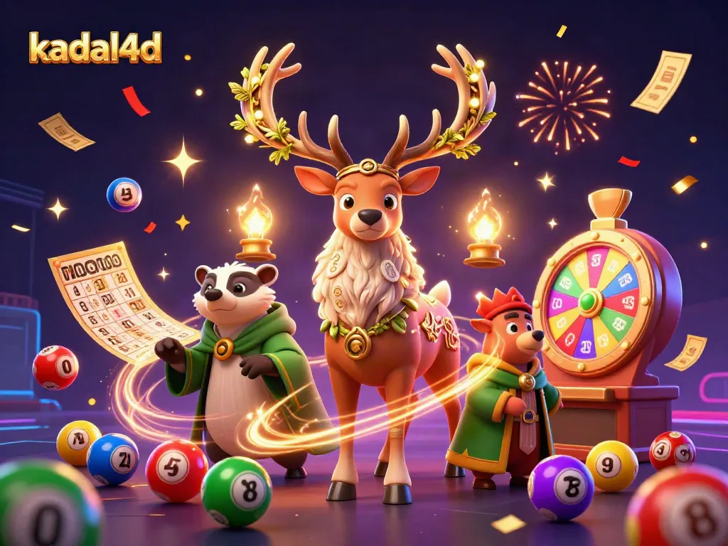 Engage with kadal4d's exciting gaming scene featuring colorful lottery balls, druid characters, and vibrant casino elements.