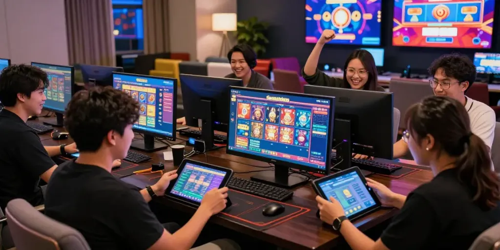 Excited players engaging with Seributoto online betting interface in a lively gambling environment.