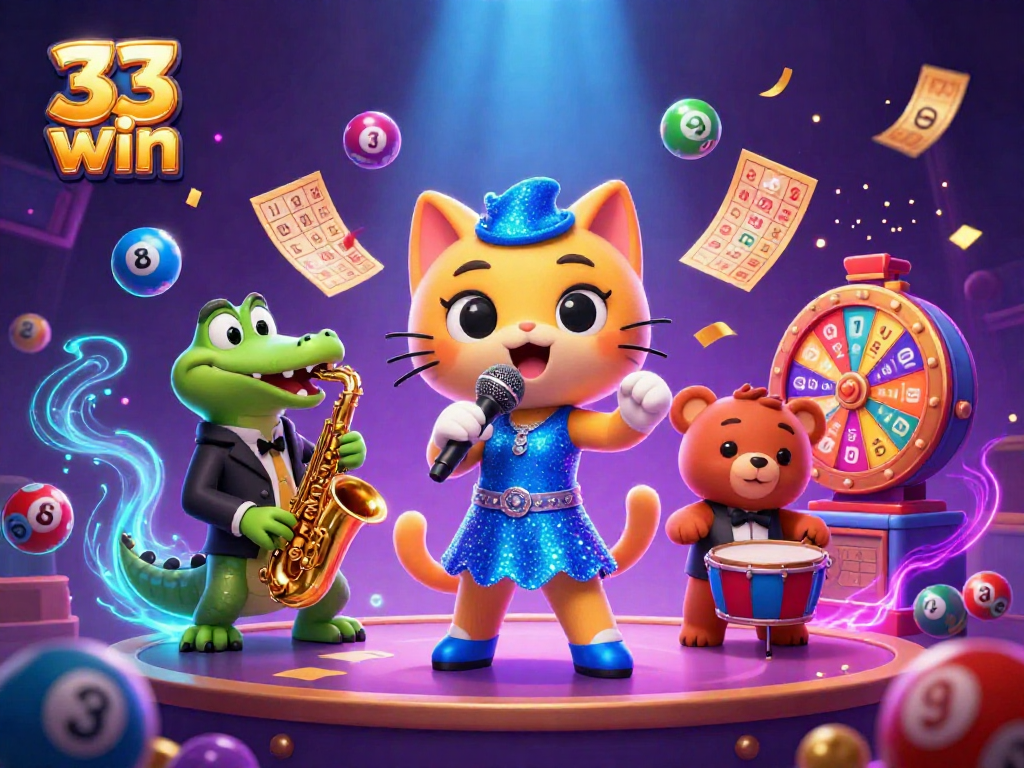 33 win players experiencing vibrant lottery excitement with colorful elements in a lively casino setting.