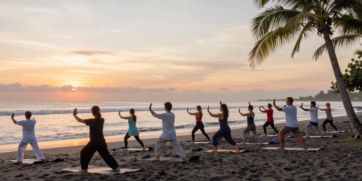 Tai Chi classes Bali at sunrise on a serene beach with diverse participants practicing mindfulness.