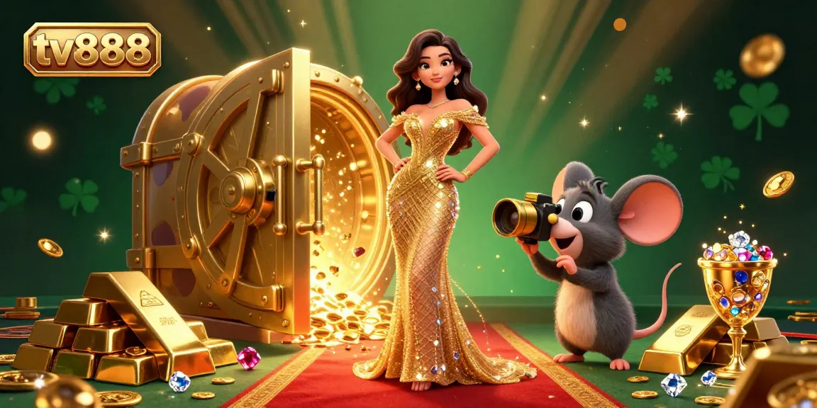 Experience thrilling games at tv888, featuring a glamorous woman and vibrant casino elements in a dazzling scene.