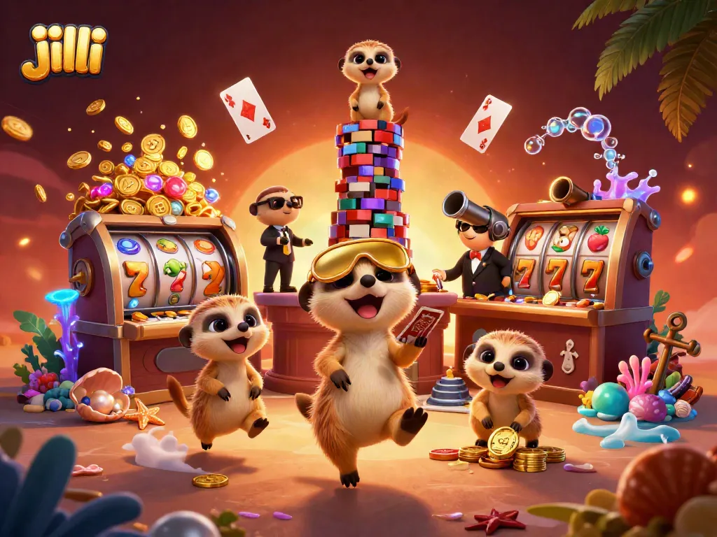 Spin and win at Jilli's casino, featuring meerkats and vibrant slot game elements.