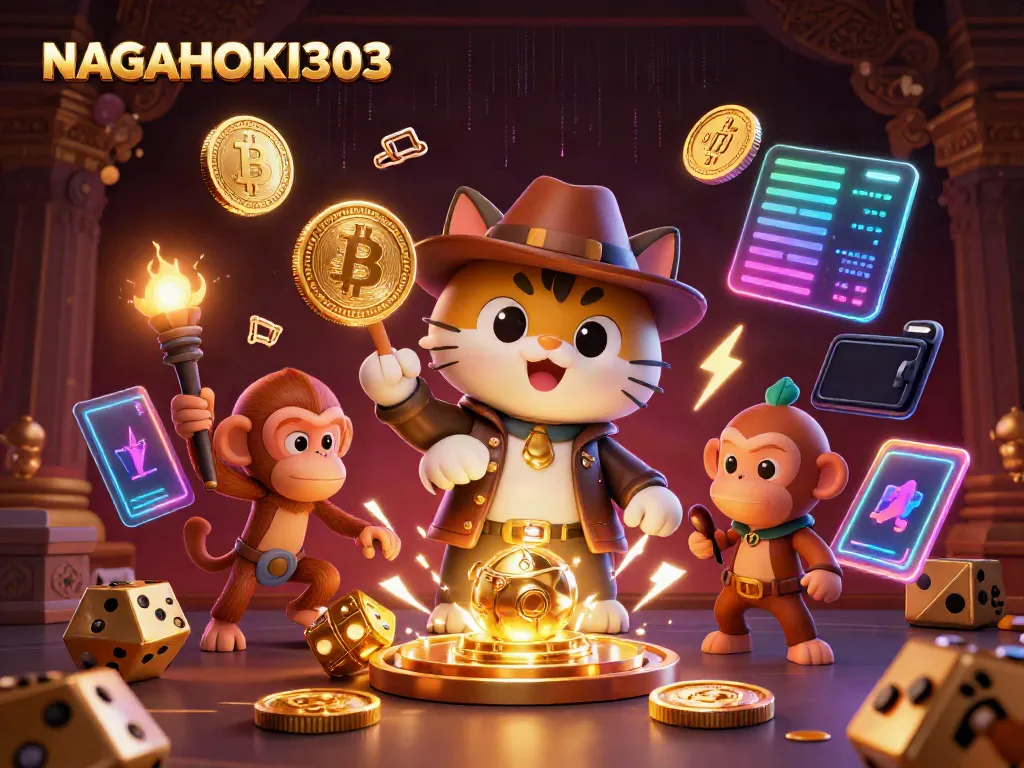 NAGAHOKI303 cat explorer uncovers golden casino relic amidst vibrant digital elements in 2026