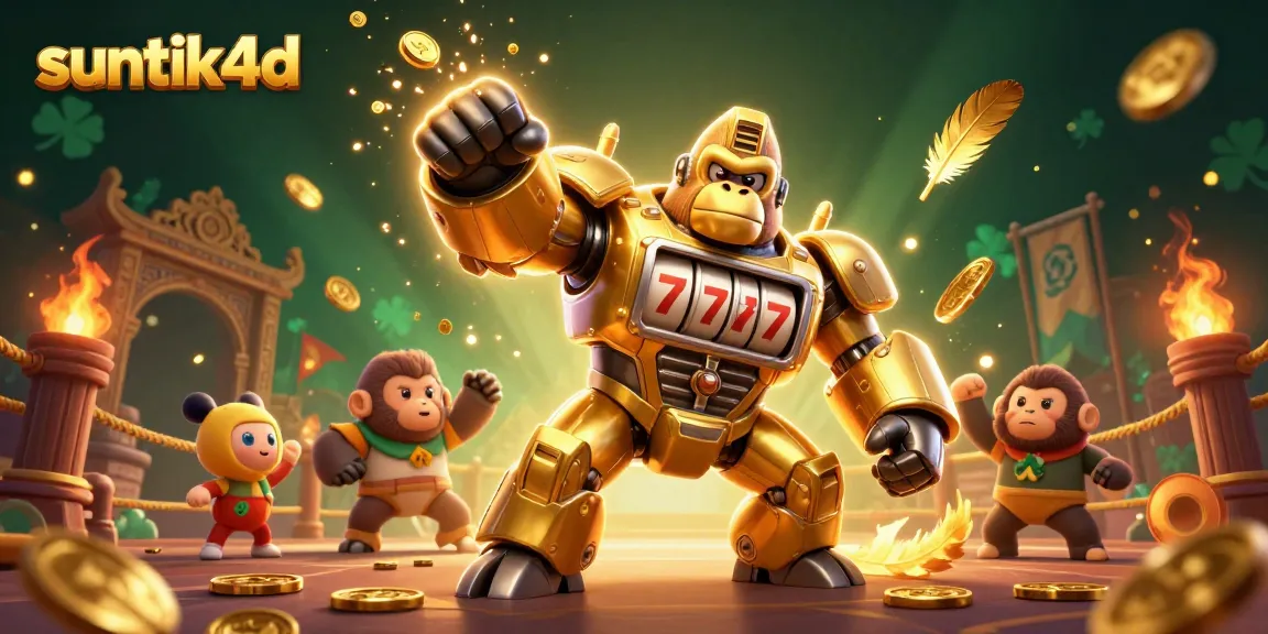 Suntik4d menampilkan gorila emas yang terbuat dari bagian mesin slot dengan angka tujuh di tengahnya, memunculkan momen jackpot yang mendebarkan.