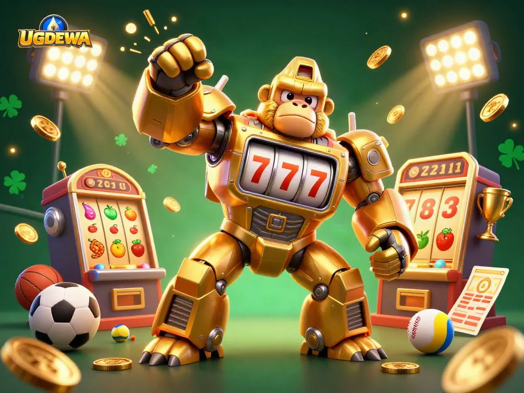 Engage with UGDEWA's immersive gaming experience featuring a dynamic golden gorilla mech and slot machine parts bursting with action.