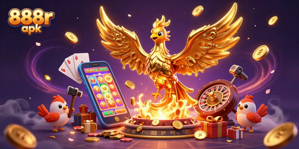 Experience the excitement of 888r apk with a vibrant gaming scene featuring a golden phoenix and exciting slot games.