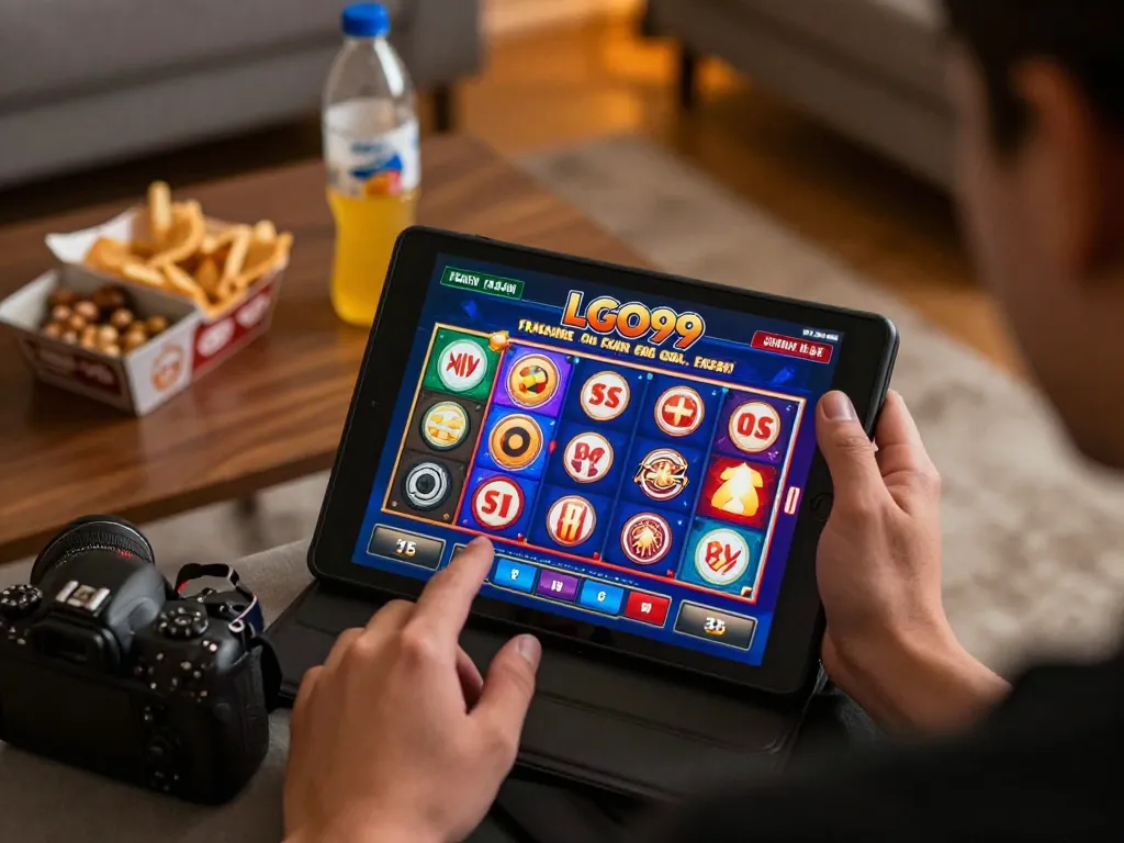 Pengguna LGO99 menikmati permainan slot yang menarik di tablet dalam suasana rumah yang nyaman