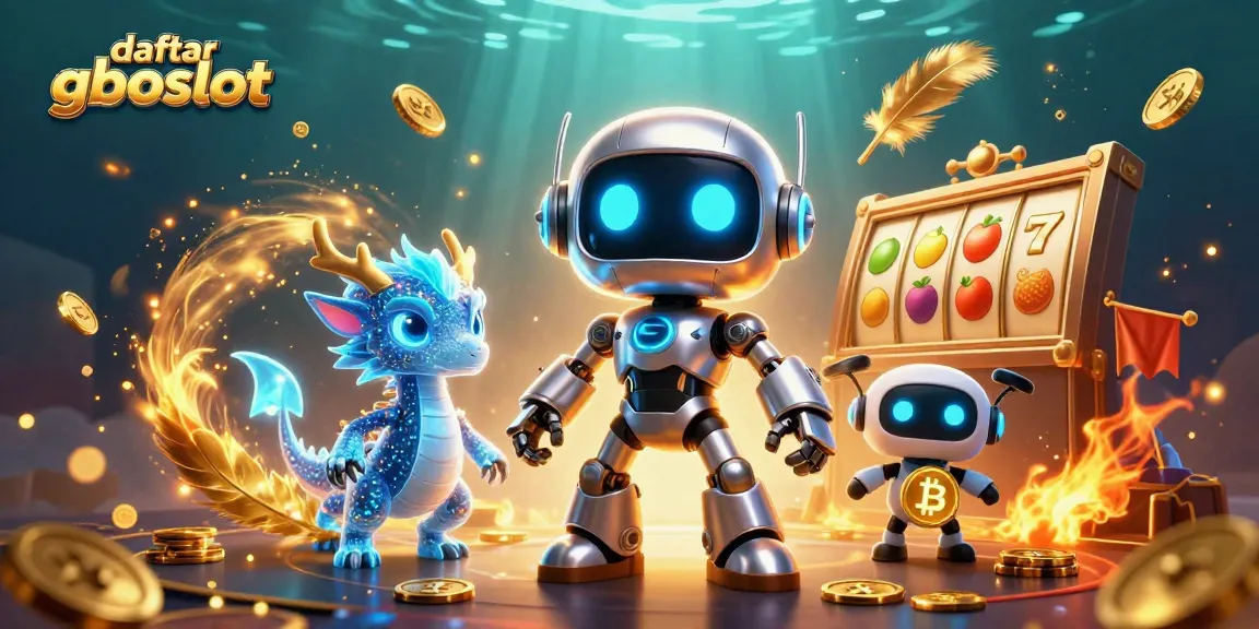 Jelajahi daftar gboslot dengan ilustrasi 3D robot cyberpunk dan elemen mesin slot.