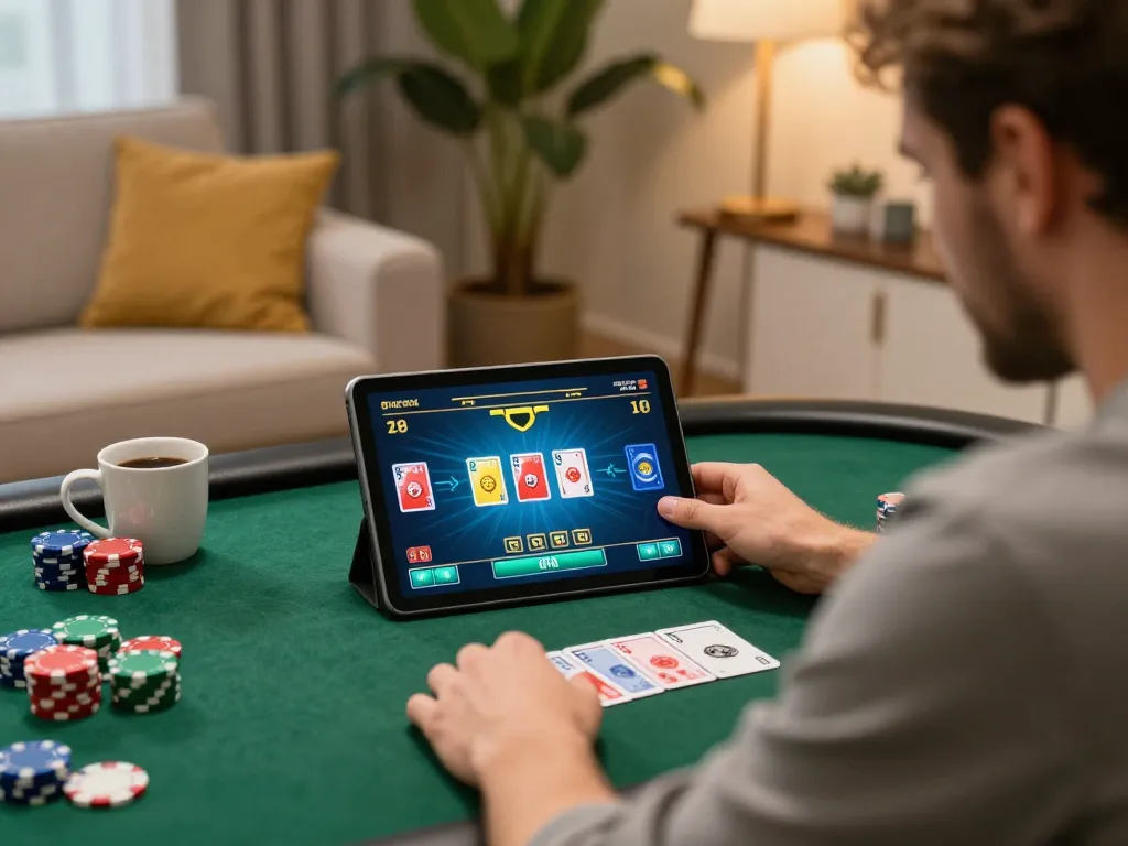 Player engaged in online poker strategy at home using 99OK, showcasing a vibrant gambling atmosphere