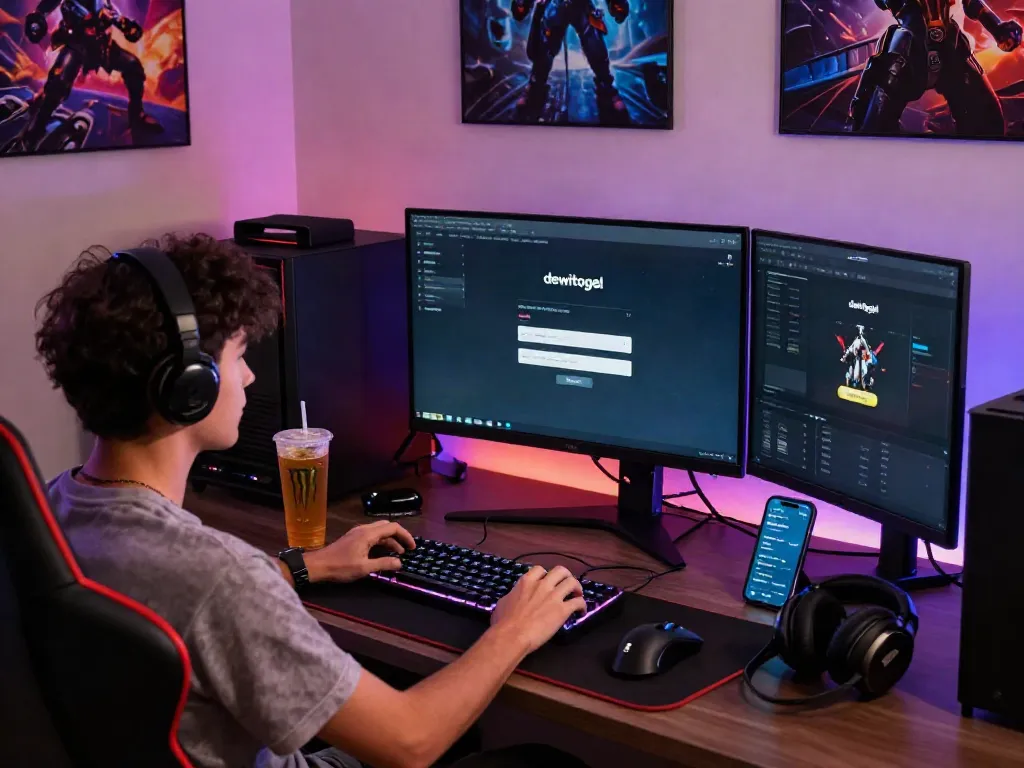Pengguna menikmati pengalaman dewitogel login alternatif di ruang permainan modern, dengan layar dan perangkat game.