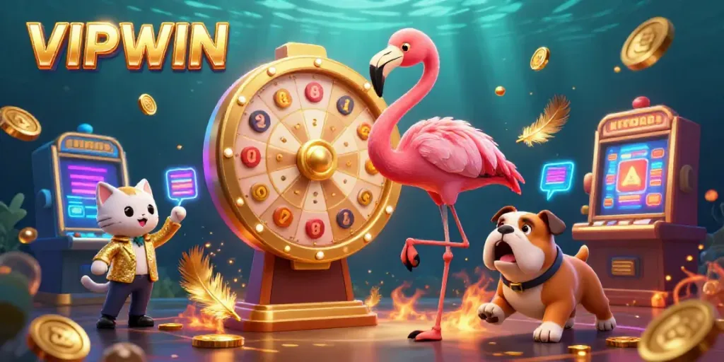 Experience thrilling moments at VIPWIN with a flamingo host, bulldog contestant, and vibrant casino elements.