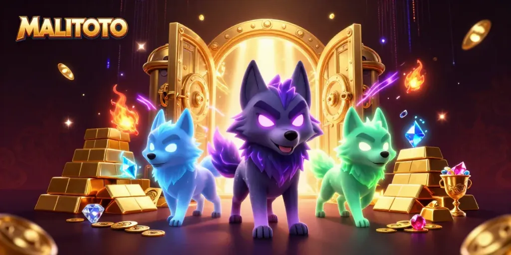MALITOTO features a mystical scene with a shadow wolf leader and ghost companions amidst treasure.