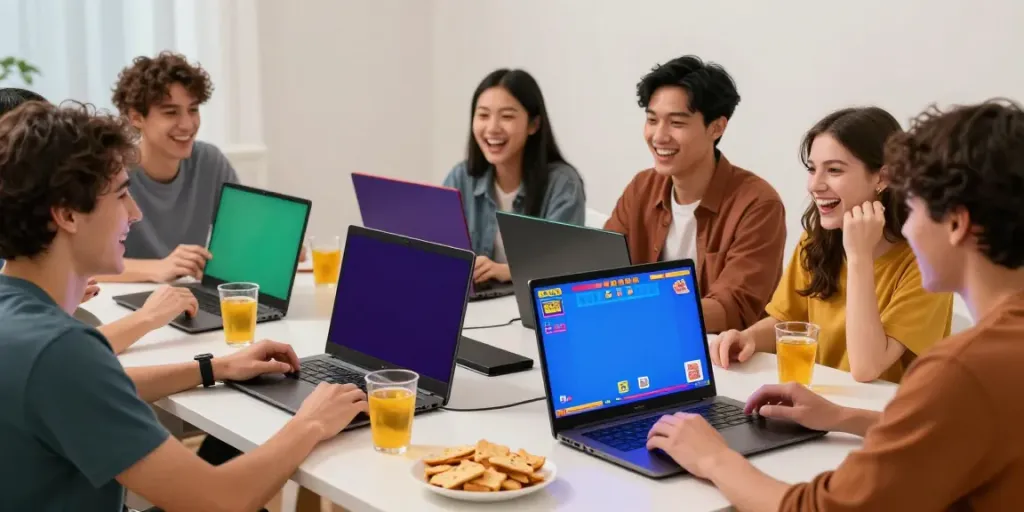 Ratutogel, momen bermain togel dan slot gacor bersama teman di rumah, suasana ceria dan teknologi modern.