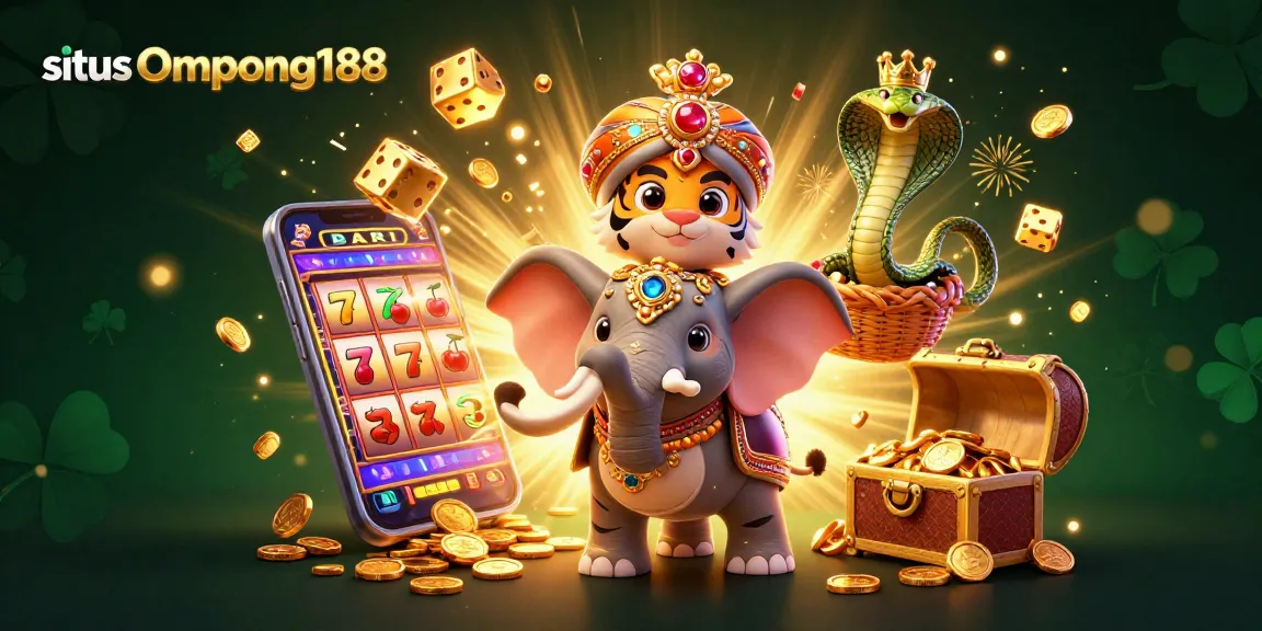 Menggambarkan situs Ompong188 dengan ilustrasi kartun 3D karakter Maharaja harimau India di atas gajah, jackpot slot penuhi layar