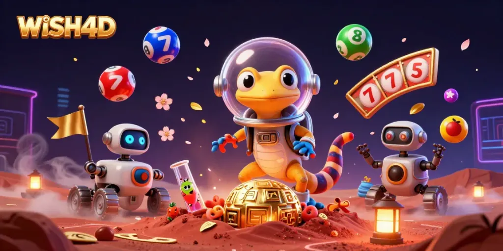 WISH4D streamlines gaming with a colorful array of slot reels and lively lottery balls in a vibrant Martian casino.