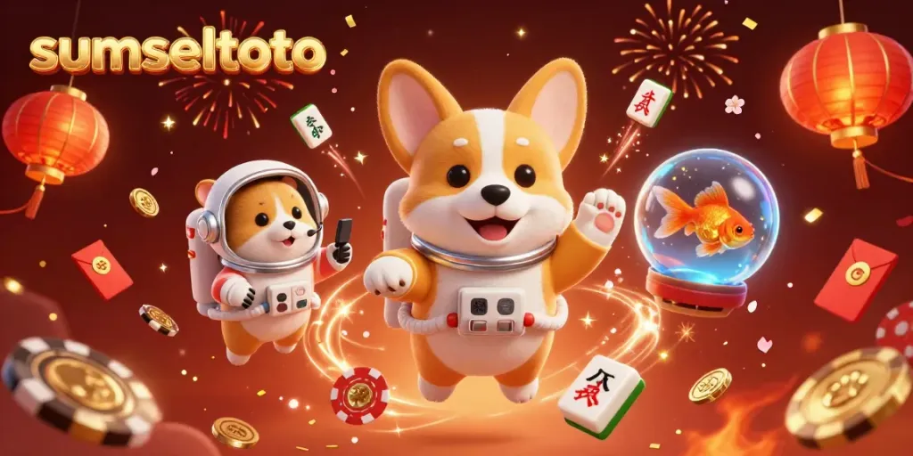 Experience the thrilling action of sumseltoto with a cartoon astronaut corgi in a space casino, surrounded by festive elements.