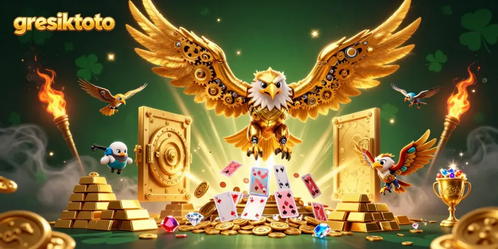 Experience immersive gaming with gresiktoto, showcasing a dynamic illustration of golden spectacles, holographic cards, and treasure