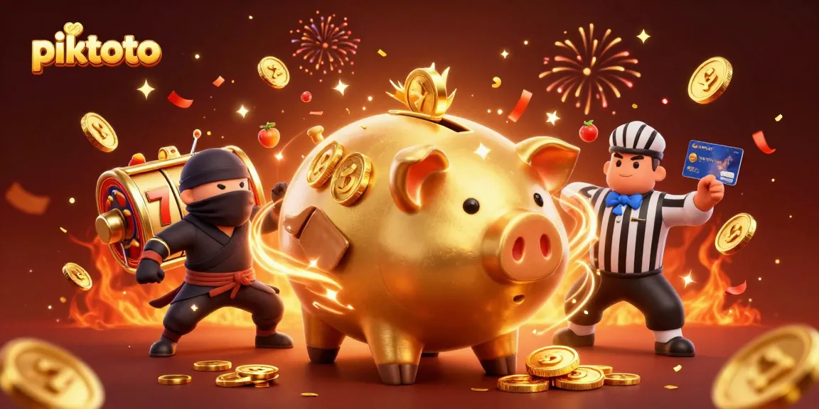 piktoto menghibur pemain dengan fortuna emas dan simbol slot berkilau dalam ilustrasi permainan yang meriah