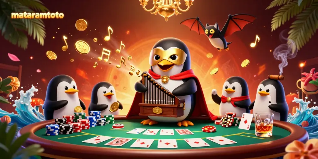 Mataramtoto scene showcasing a penguin at an organ amidst a vibrant poker table with chips and dramatic lighting.
