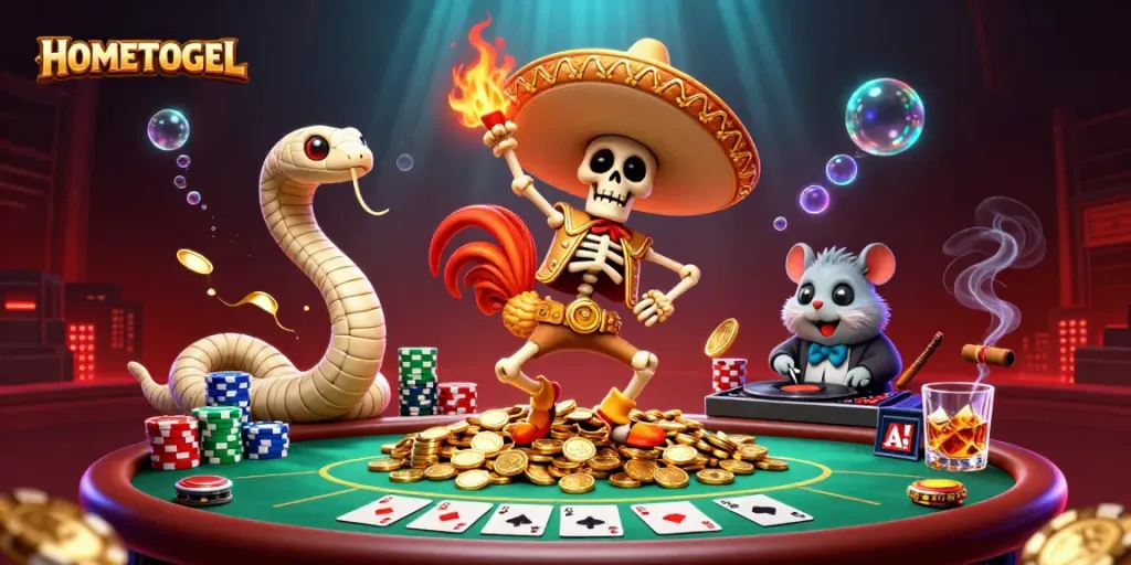 Experience the thrill of HOMETOGEL with a vibrant casino scene featuring dynamic characters and poker elements.