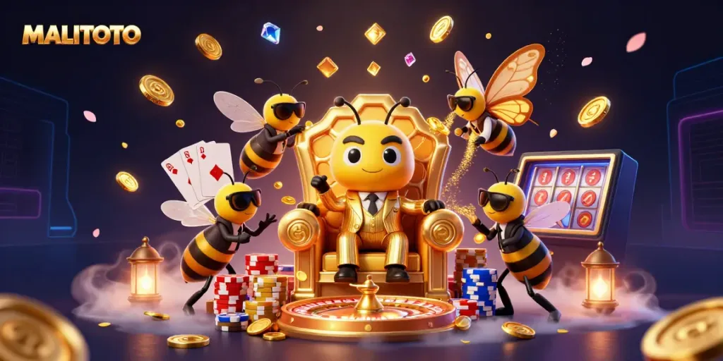 MALITOTO showcases an exhilarating scene with vibrant characters surrounded by casino elements including roulette wheels and golden coins.
