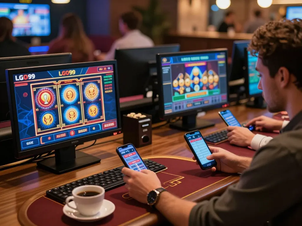 LGO99 users enjoying mobile gaming experience with vibrant casino game displays in a cozy workspace.
