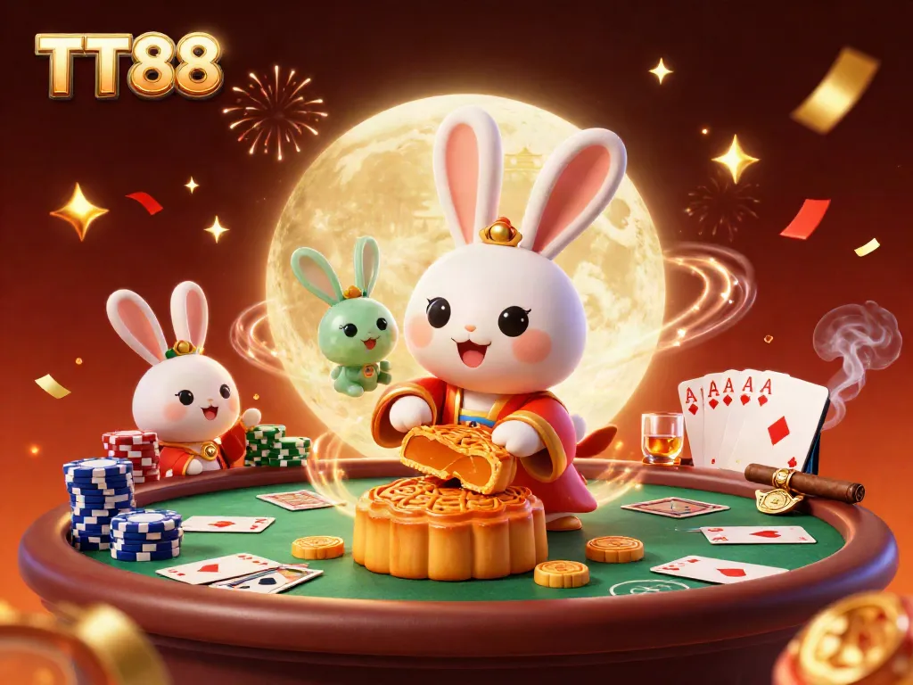 Engage with the vibrant world of TT88, featuring moon rabbits amidst poker chips and casino flair.
