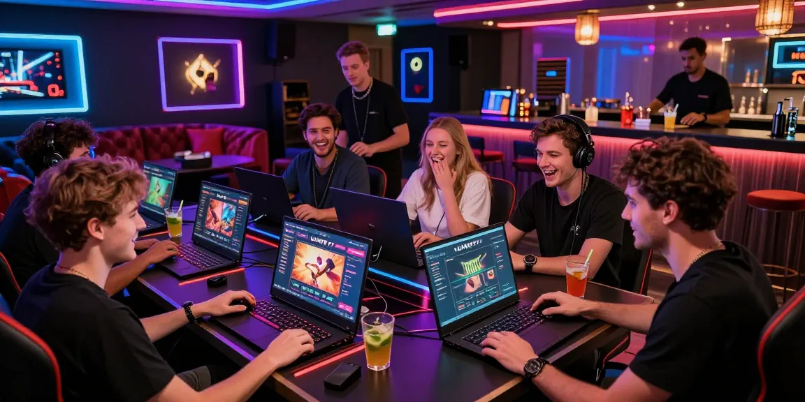 LUXURY777 Link Alternatif dalam suasana lounge permainan mewah, kelompok teman berkumpul, laptop canggih menyala.