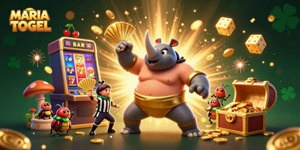 MARIATOGEL showcases a colorful casino scene with a beetle champion and jackpot symbols exploding around.