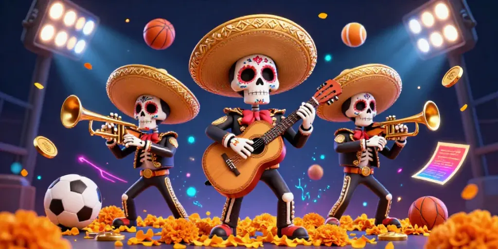 Patenjitu memimpin suasana ceria dengan band mariachi tengkorak meriah di dunia kasino.