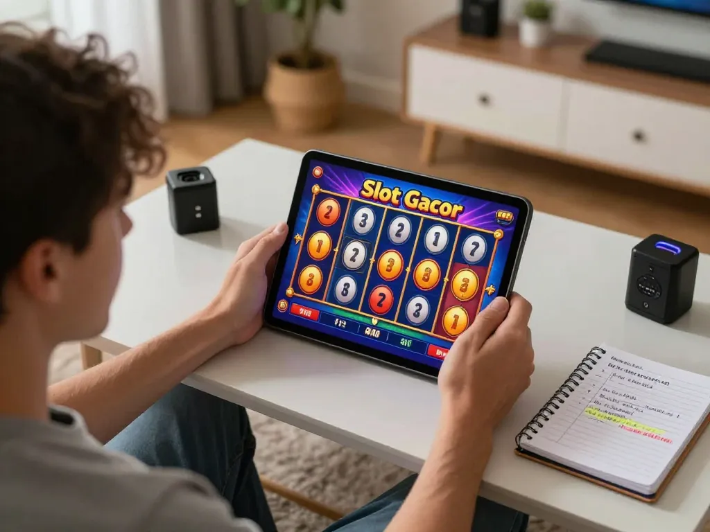 Engaging player spins on a colorful Slot Gacor game during a cozy home gaming session.