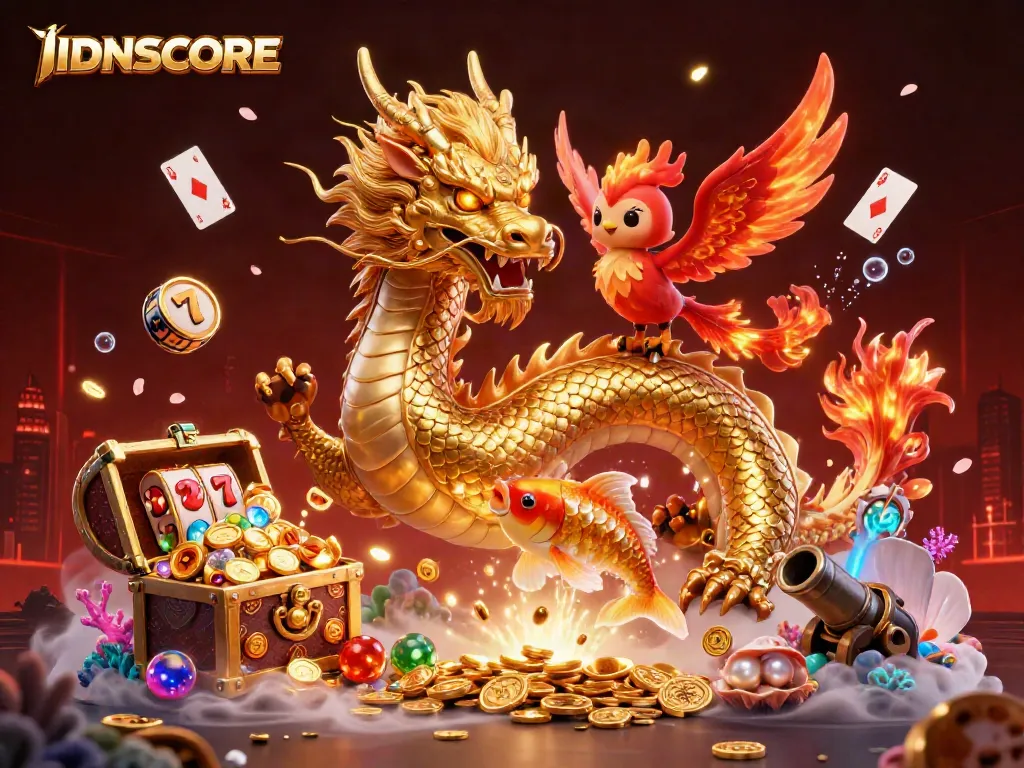 Experience thrilling gameplay with IDNSCORE in this vibrant illustration featuring iconic gambling symbols.