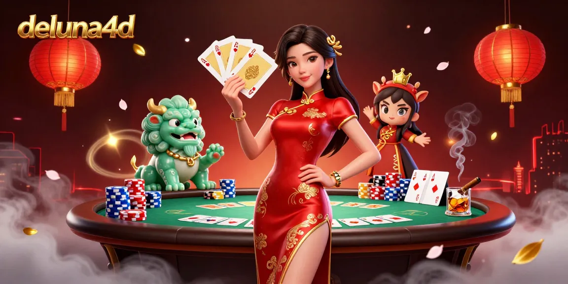 Experience the excitement of deluna4d with an elegant woman holding playing cards amidst poker chips and lanterns.
