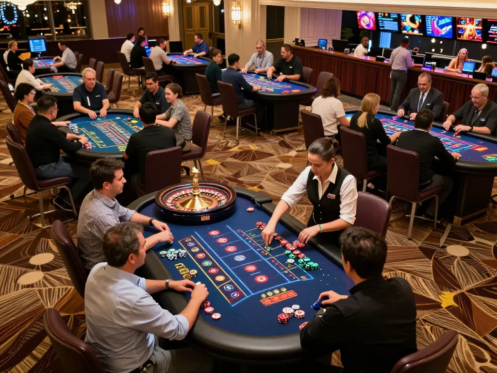 Roulette players at a vibrant casino table strategize with a focus on winning odds, 122 excitement in the air