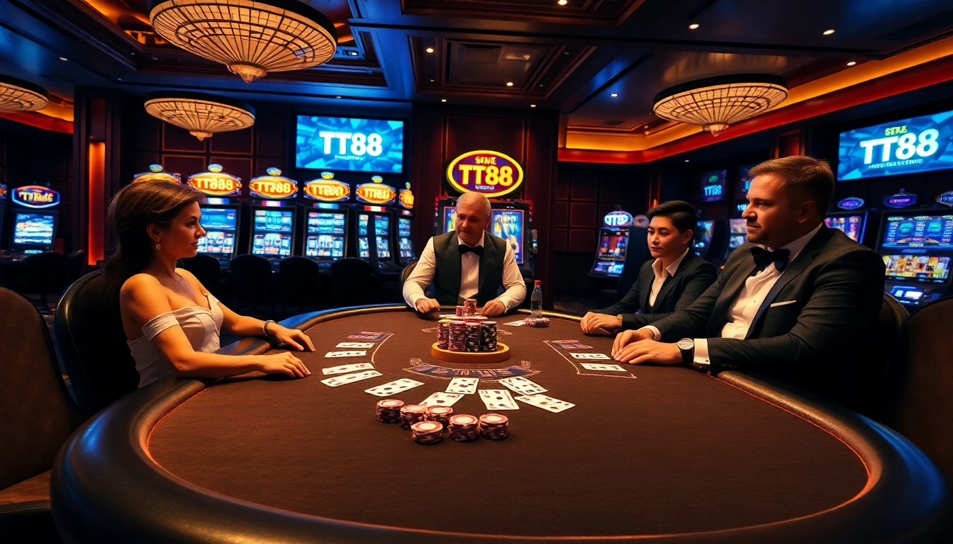 TT88 poker players engaging in a high-stakes game with luxurious casino elements.