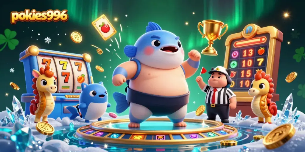 Experience the excitement at pokies996 with a vibrant underwater casino scene featuring fun characters and slot elements.