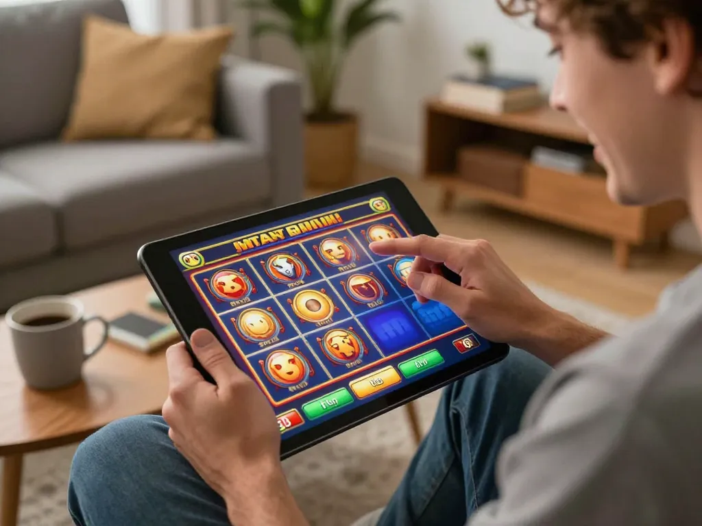 Player engaged in DRAGON222 slot games on a tablet in cozy home setting, showcasing excitement