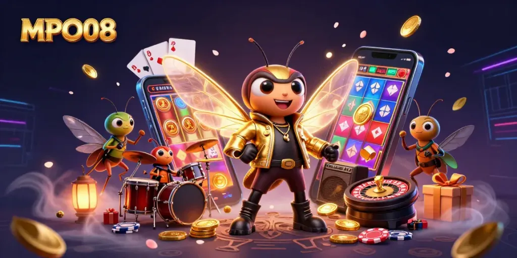 MPO08 engages players with vibrant casino adventures in a dynamic, colorful 3D illustration.