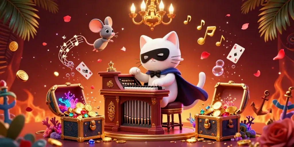 Menangkan permainan dengan niastoto di kasino digital, menampilkan kucing putih bergaya phantom dan mouse akrobatik.