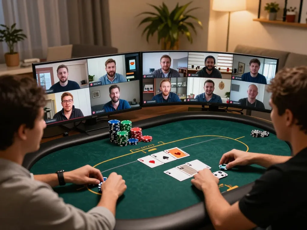 Pemain berinteraksi secara strategis dalam permainan poker online di paris888, menunjukkan kegembiraan dan interaksi.