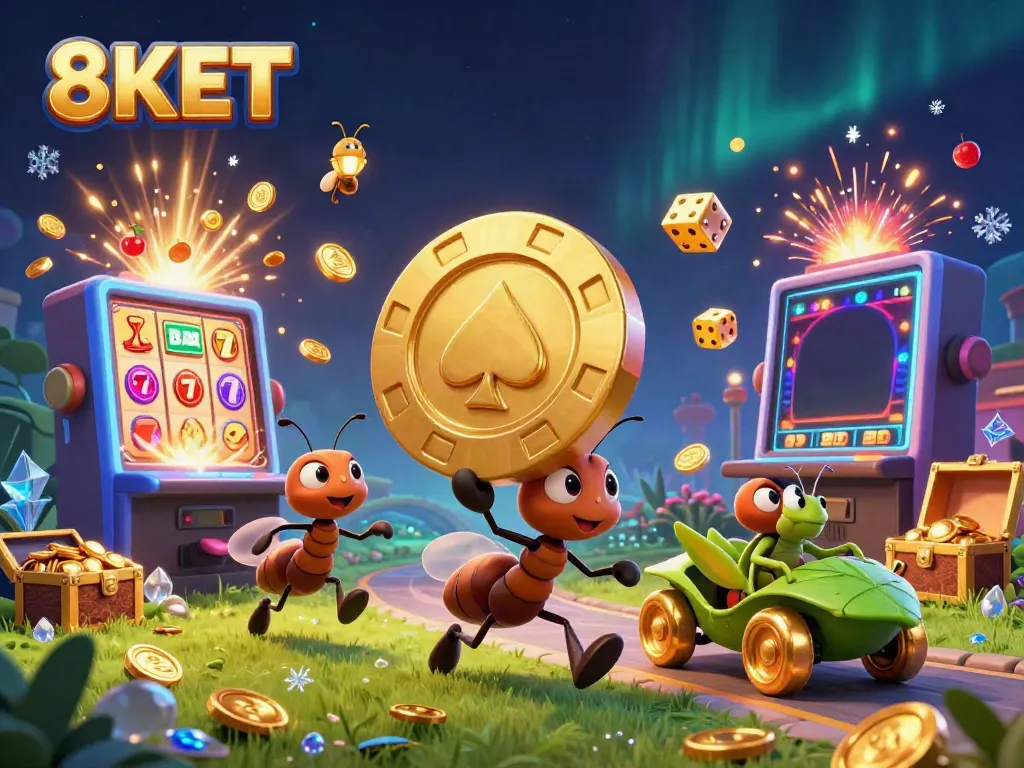Engaging scene depicting the 8KET heist featuring cartoon ants with a giant poker chip amidst vibrant casino elements.
