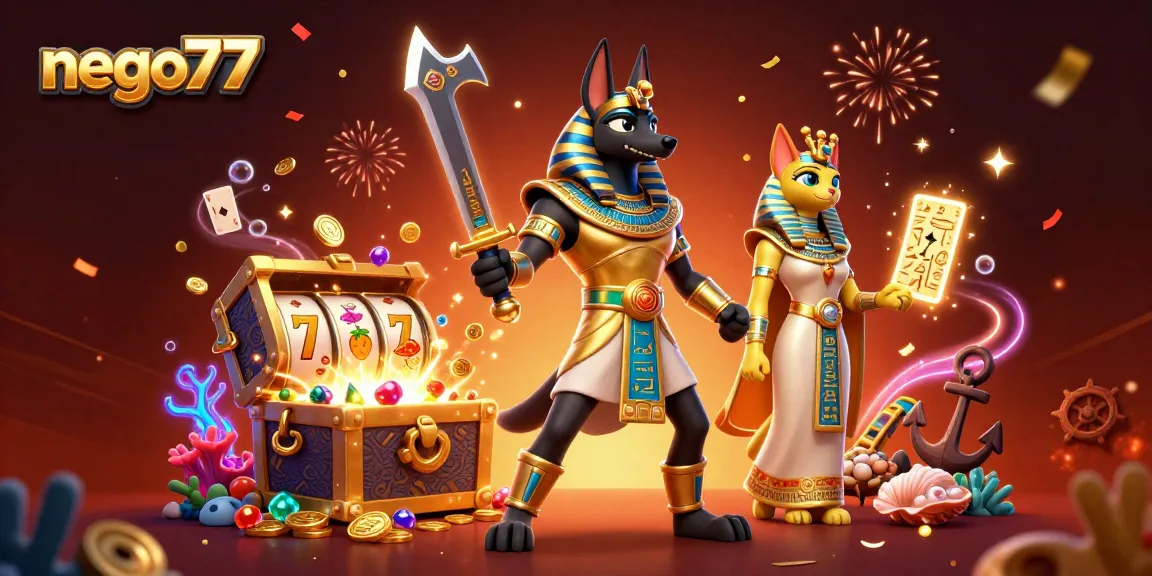 Experience the thrill of slots with nego77 in a vibrant 3D casino scene featuring Anubis and Bastet.